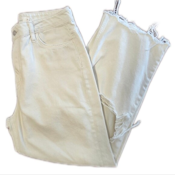 Bohme High Waisted Wide Leg Distressed Cream Khaki Jeans, 28 - Picture 1 of 12